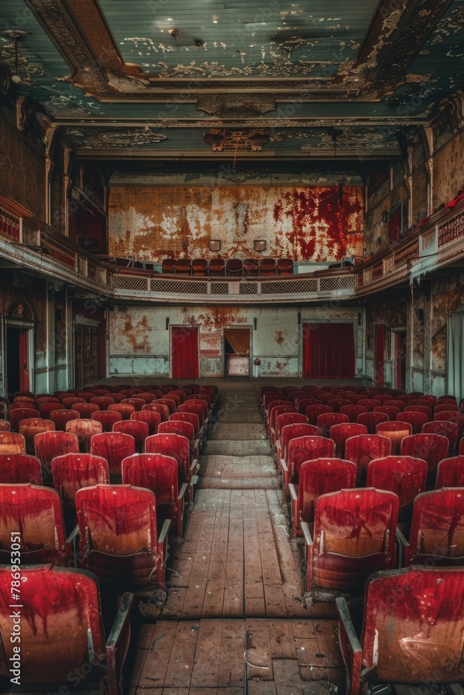Poster an empty theater with red seats, suitable for various creative projects