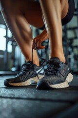 Naklejka premium Woman tying up her shoes in a gym, suitable for fitness concept