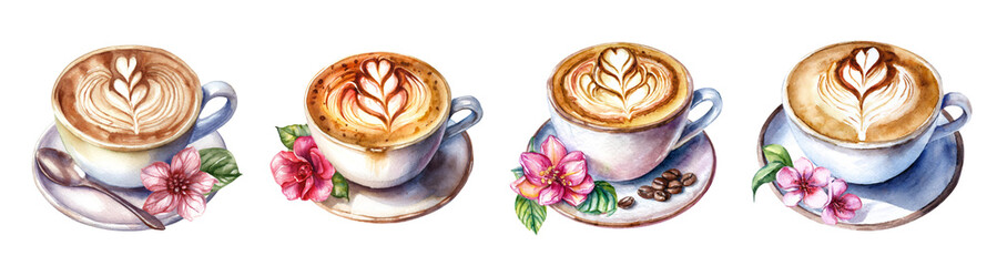 Vintage Cappucino Cups Latte Art Watercolor Painting Set With Flowers