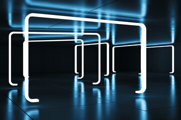 Abstract dark blue neon frame corridor room. 3D Rendering.