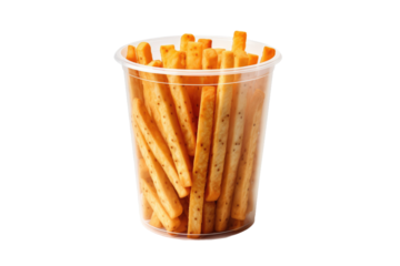 Golden Delights: Crunchy French Fries Encased in a Clear Plastic Box on a Blank Canvas