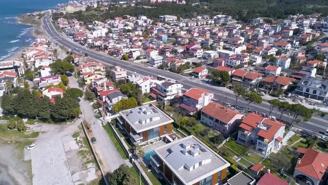 Aerial view of summer residences in Urla, Izmir's resort area. Aerial view of the resort area and its beautiful coast. Izmir in Turkey