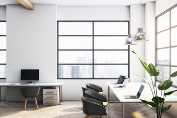 Contemporary spacious wooden and concrete coworking office interior with panoramic windows and city view, light walls. Workplace concept. 3D Rendering.