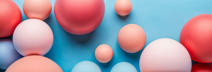 round 3d spheres with pastel red and blue color on blue background, top view, flat lay, copy space, banner, space for text, backdrop, wallpaper