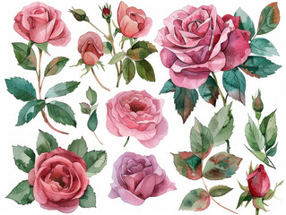 Set elementi acquerello di rose rosa; collezione fiori da giardino; foglie; rami. Botanica; illustrazione, eucalipto; design floreale di nozze - obrazy, fototapety, plakaty