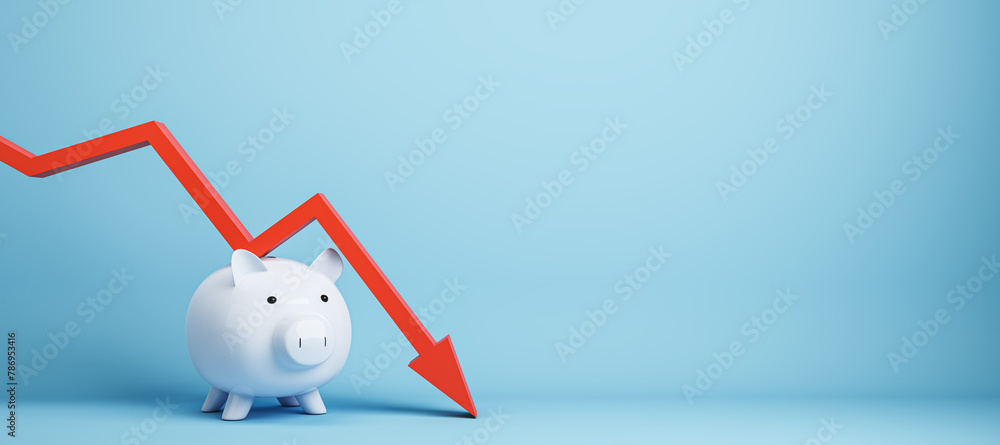 Poster falling red chart arrow with piggy bank on blue background with mock up place. economic recession, l