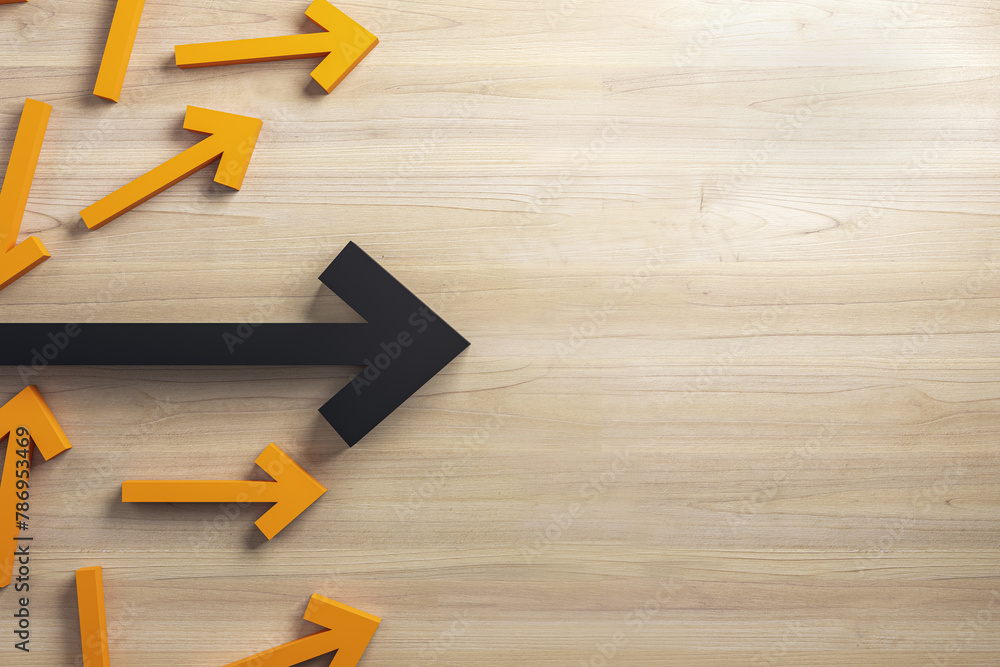 Poster various black and yellow arrows on wooden surface background with mock up place. growth and leadersh