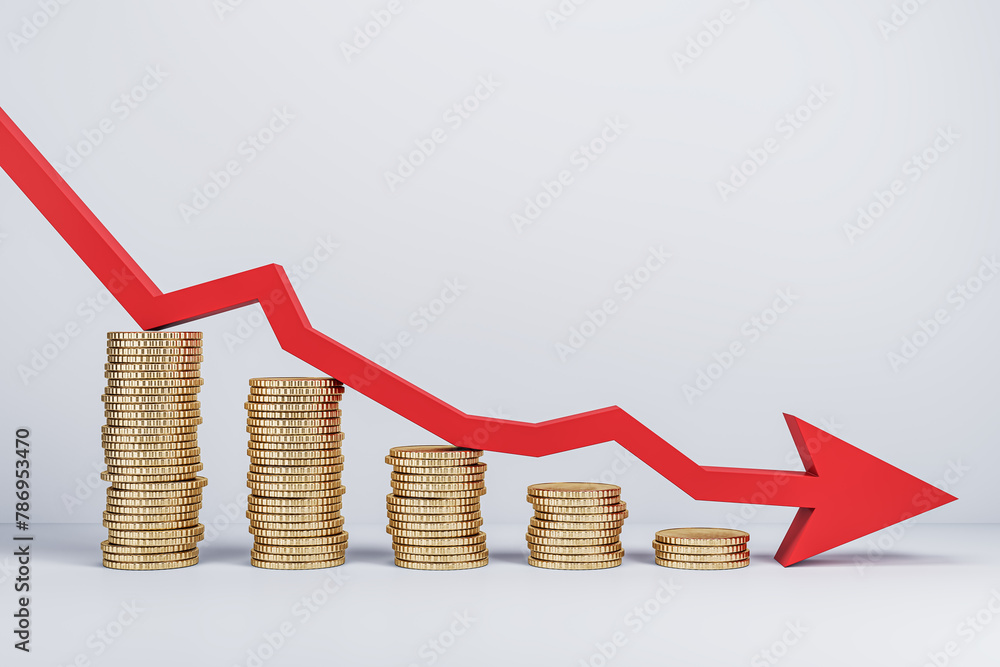 Poster stacks of coins with a red downward arrow representing a financial crisis, on a white background, co