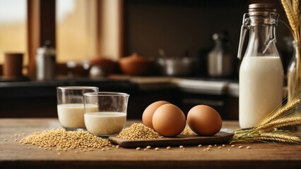 Close-up high-resolution image of fresh and natural milk, eggs, and wheat. Healthy food ingredients.