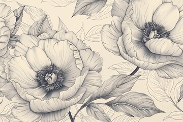 Elegant botanical illustration of peonies and leaves, perfect for wedding invitations or wall art.