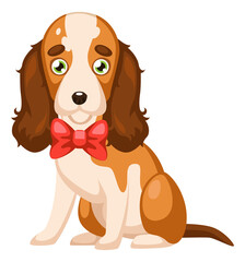 Cute puppy. Adorable dog with red bow. Cartoon character