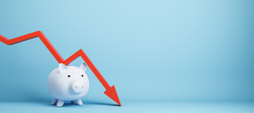 Falling red chart arrow with piggy bank on blue background with mock up place. Economic recession, losing savings concept. 3D Rendering.