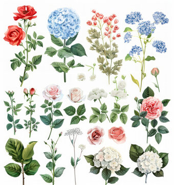 Set di elementi acquerello di fiori di giardino  ortensie, mughetto; collezione fiori da giardino; foglie;  Disegno floreale di matrimonio su sfondo bianco scontornabile