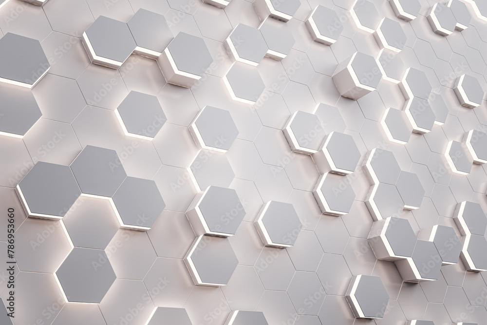 Poster creative light hexagonal wall wallpaper. landing page concept. 3d rendering.