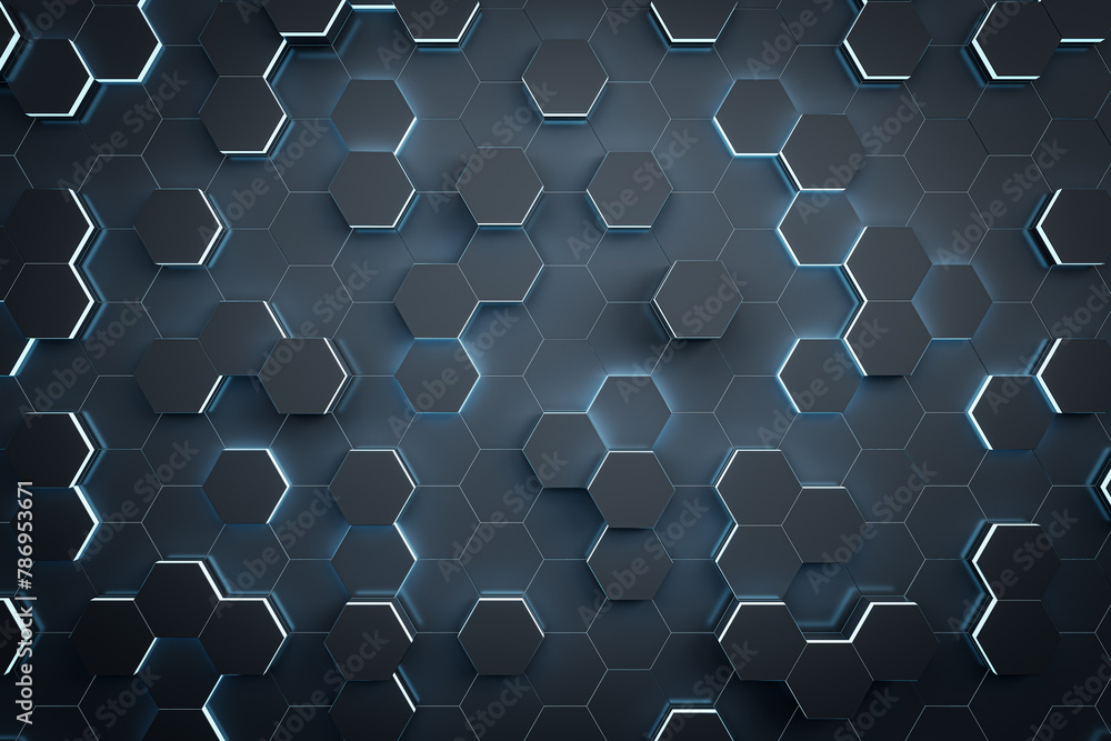 Poster Creative dark hexagonal wall backdrop. Landing page concept. 3D Rendering.