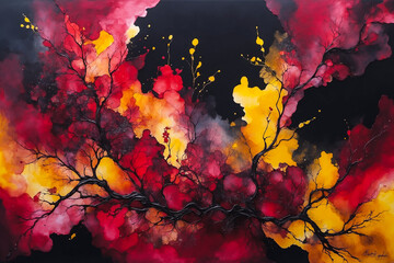 Abstract Painting Drawn With Alcohol Ink In Red And Black Color With Addition Of Yellow