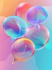 Realistic glassy chat boxes with frosted acrylic speech bubbles on colorful gradient circles.