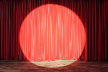 Red velvet curtains under a warm spotlight on a theater stage, classic show ambiance. 3D Rendering