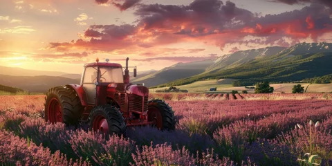 Fototapeten A vibrant red tractor parked in a beautiful lavender field. Perfect for agricultural or countryside concepts © Fotograf