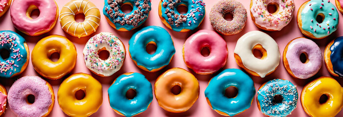Fototapeta premium set of donuts, close-up photography of pastel colored treats on a pink surface with glazed and sprinkled details in organized rows