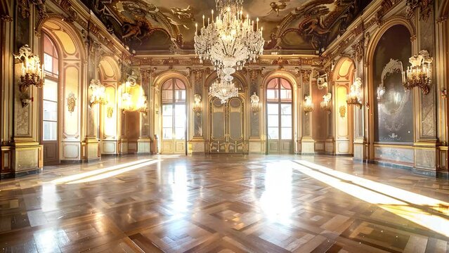 architecture building interior. renaissance palace ballroom within a realm of art. seamless looping overlay 4k virtual video animation background