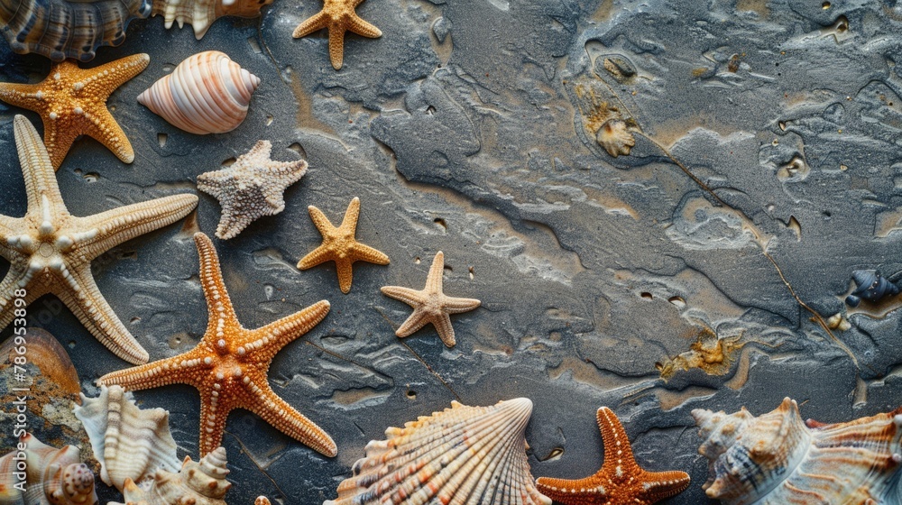 Poster a collection of starfish and shells on a textured stone surface, ideal for beach-themed designs