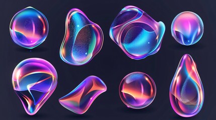 Vibrant shimmering forms. Collection of separate prismatic fluid orbs. - obrazy, fototapety, plakaty