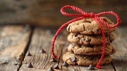 A stack of chocolate chip cookies tied with a red string. Perfect for food and baking concepts