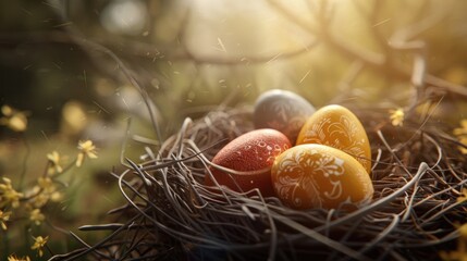 Three eggs in a nest surrounded by yellow flowers. Ideal for Easter and spring-themed designs - Powered by Adobe