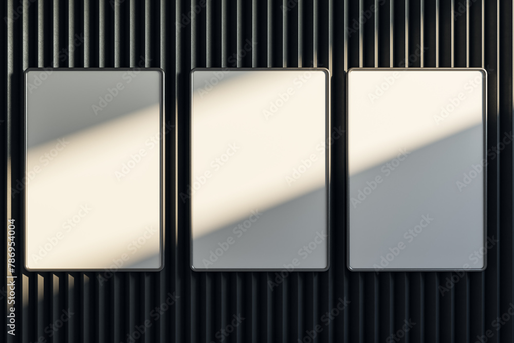 Aufkleber empty dark metal linear wall with three clean white mock up banners and shadows. gallery concept. 3d