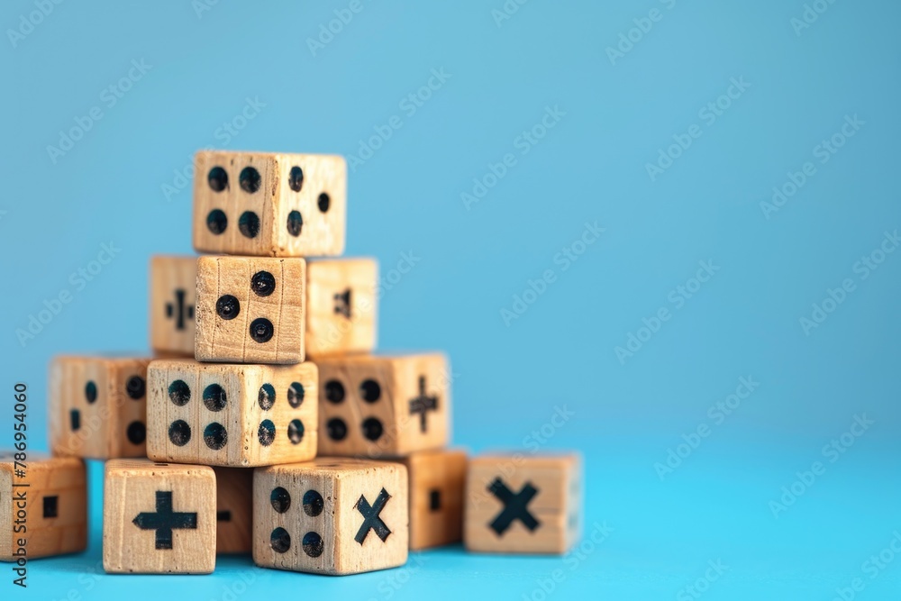Poster a pile of wooden dice with crosses and crosses on them. suitable for various tabletop games