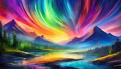 Create an abstract representation of the auroral dance, where each twist and curve of the light is translated into a spectrum of colors on a digital canvas - obrazy, fototapety, plakaty