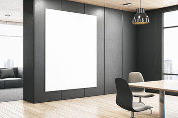 Modern office meeting room with a large blank poster frame on the wall, contemporary design furniture and city view, concept of workplace. 3D Rendering