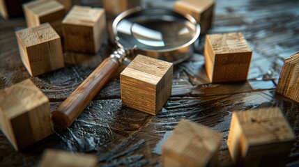 A magnifying glass placed on top of wooden blocks. Perfect for educational or business concepts - obrazy, fototapety, plakaty