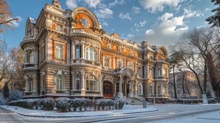 Grand historical building, adorned with intricate architectural details, bathed in warm sunlight against a crisp snowy background. - 786954210