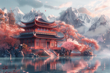 Obraz premium Chinese traditional home with sakura , illustration, 3d render