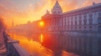 Stunning sunset casting a warm glow over the Austrian Parliament Building, highlighted by the tranquil river and historical architecture. - 786954238