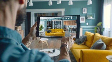 Man using AR technology on a digital tablet to select 3D furniture for his home. - obrazy, fototapety, plakaty