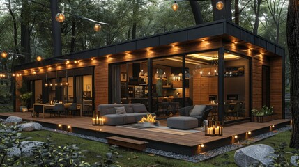 Fototapeta na wymiar Modern wooden house, beautifully illuminated by atmospheric outdoor lights, nestled in a serene forest setting. The house features cozy outdoor seating and stylish interior visibility.