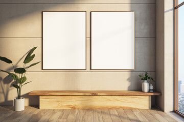 Modern interior with blank white mock up banners on concrete wall, decorative plants, wooden bench and window with city view and sunlight. 3D Rendering.