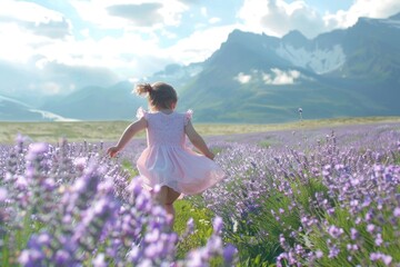 Fototapeta na wymiar A young girl walking through a field of vibrant purple flowers. Perfect for nature and springtime concepts