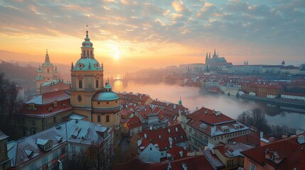Cityscape captures the sunrise over a historical European city, featuring iconic architecture, fog-covered river, and a glowing sky. - 786954479