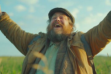 Joyful man with a beard and hat, arms raised in a field, laughing against a blue sky - Powered by Adobe