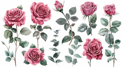 Set elementi acquerello di rose rosa; collezione fiori da giardino; foglie; rami. Botanica; illustrazione, eucalipto; design floreale di nozze