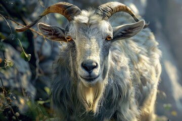 A detailed view of a goat with impressive long horns. Suitable for animal lovers and farm-related designs - obrazy, fototapety, plakaty