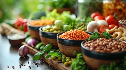 Display of fresh vegetables and legumes, including tomatoes, basil, and beans, artfully arranged in rustic ceramic bowls on a wooden table. - 786954685