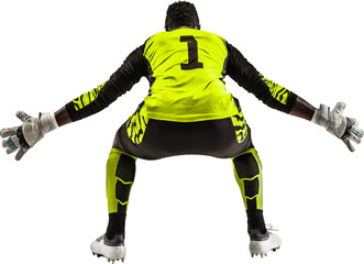 Back view of young African man in uniform, soccer player, goalkeeper standing in positing isolated on transparent background. Concept of sport, game, competition, tournament, active lifestyle - obrazy, fototapety, plakaty