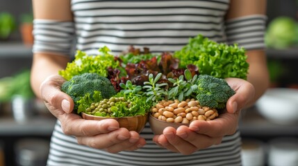 Close-up of a person holding bowls filled with fresh, nutritious vegetables like broccoli and beans. Represents healthy eating and lifestyle choices. - 786954698