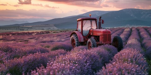 A picturesque scene of a tractor in a lavender field, perfect for agricultural and nature-themed...