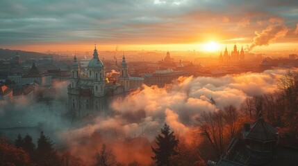 This panoramic image captures a stunning sunrise casting its golden hues over the historic city of Lviv, Ukraine. Majestic architecture emerges from the morning fog, creating a picturesque and serene  - obrazy, fototapety, plakaty